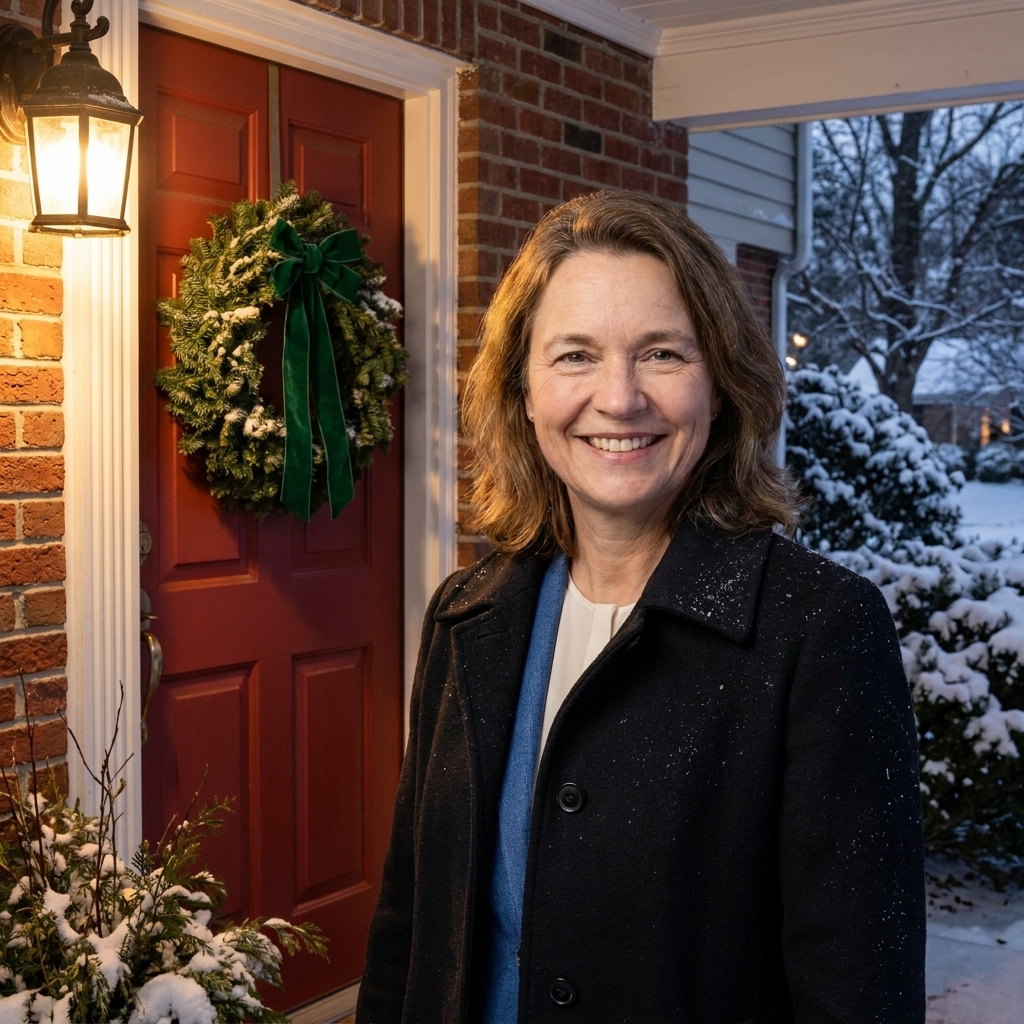 A red front door decorated with a full evergreen wreath and a long deep green velvet bow, with soft porch lighting glowing on a winter evening
