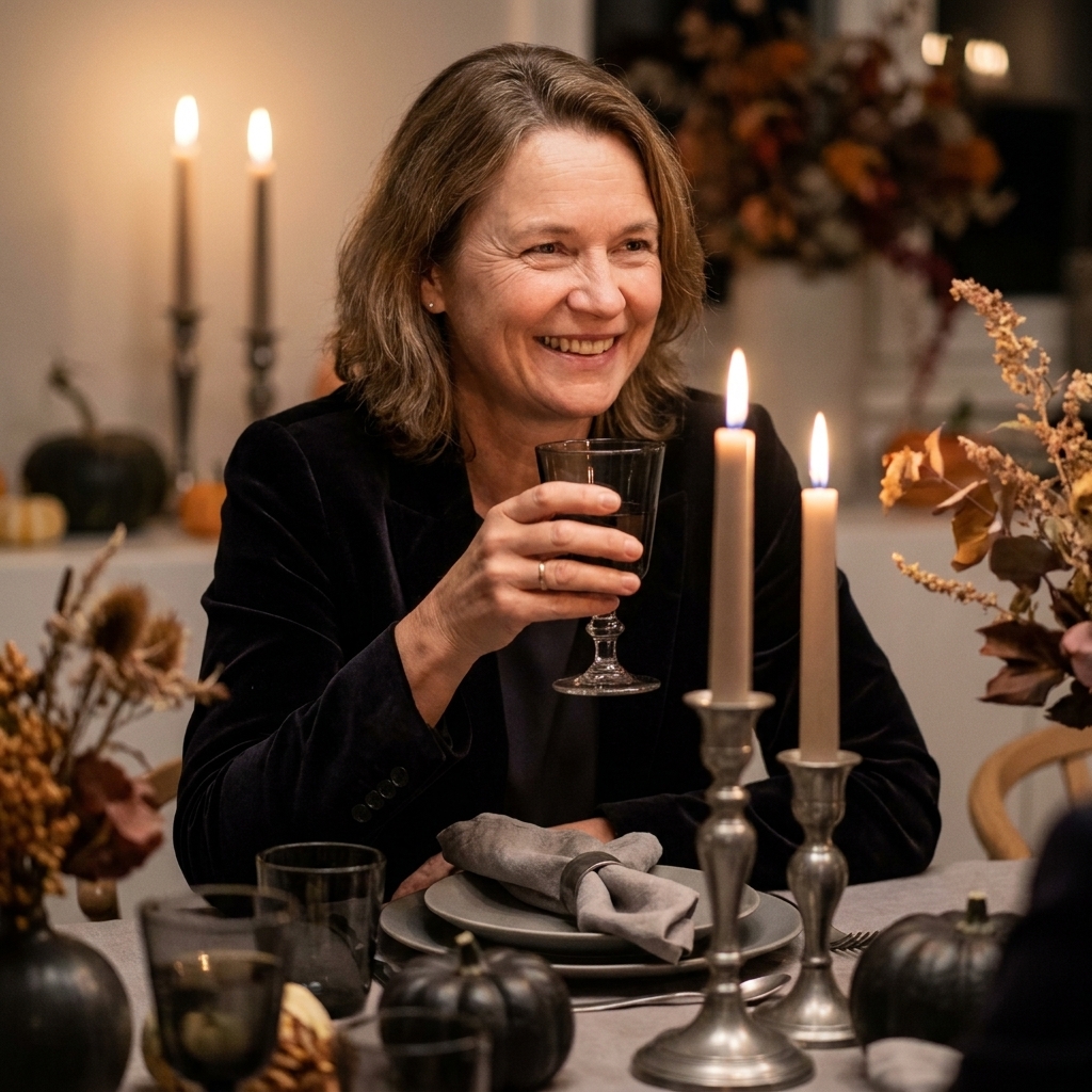 A refined Halloween table with pewter candlesticks, gray linen napkins, and dark glass goblets under soft evening lighting