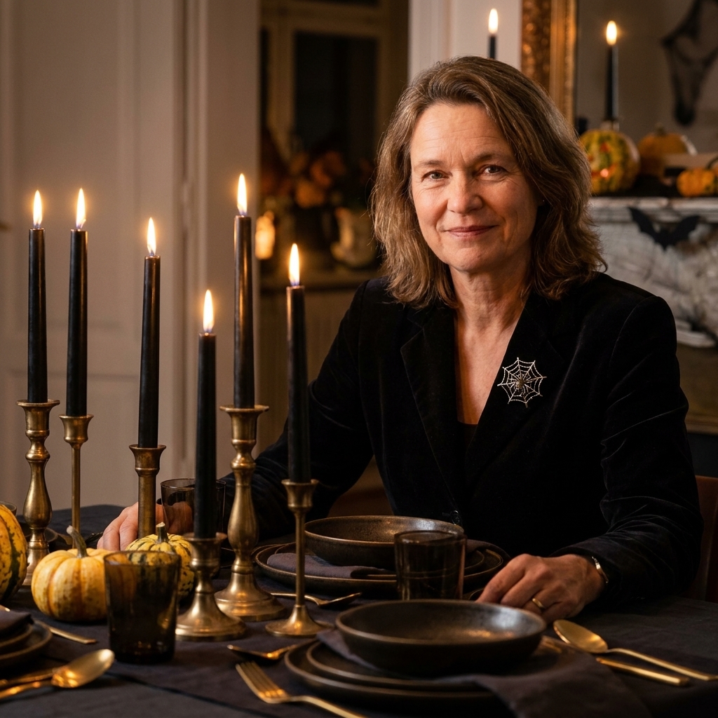 A row of black taper candles burning in mixed-height brass candleholders on a dining table set for a formal dinner