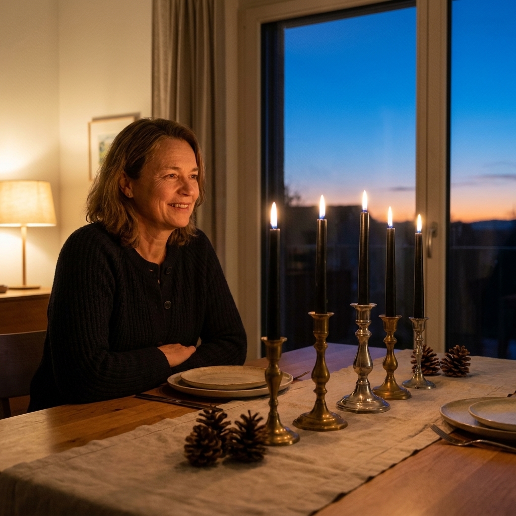 A row of black taper candles in assorted vintage brass and silver candlesticks on a dining table, softly glowing at dusk