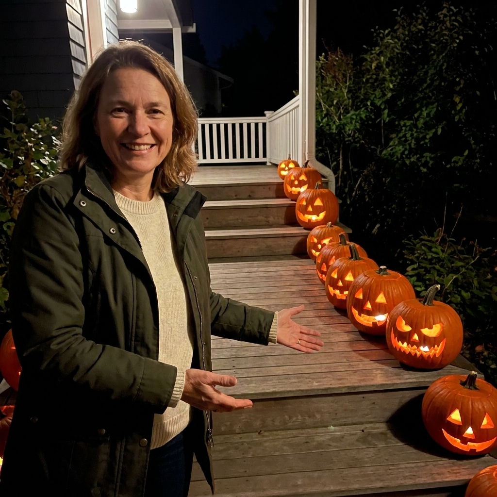 A row of carved jack-o’-lanterns placed safely along the outer edge of porch steps, leaving the center of the stairs clear for walking