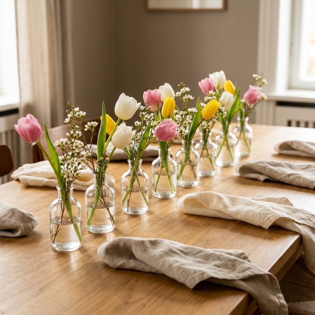 A row of small clear bud vases with single stems of tulips and waxflower, arranged in clusters down a dining table with linen napkins
