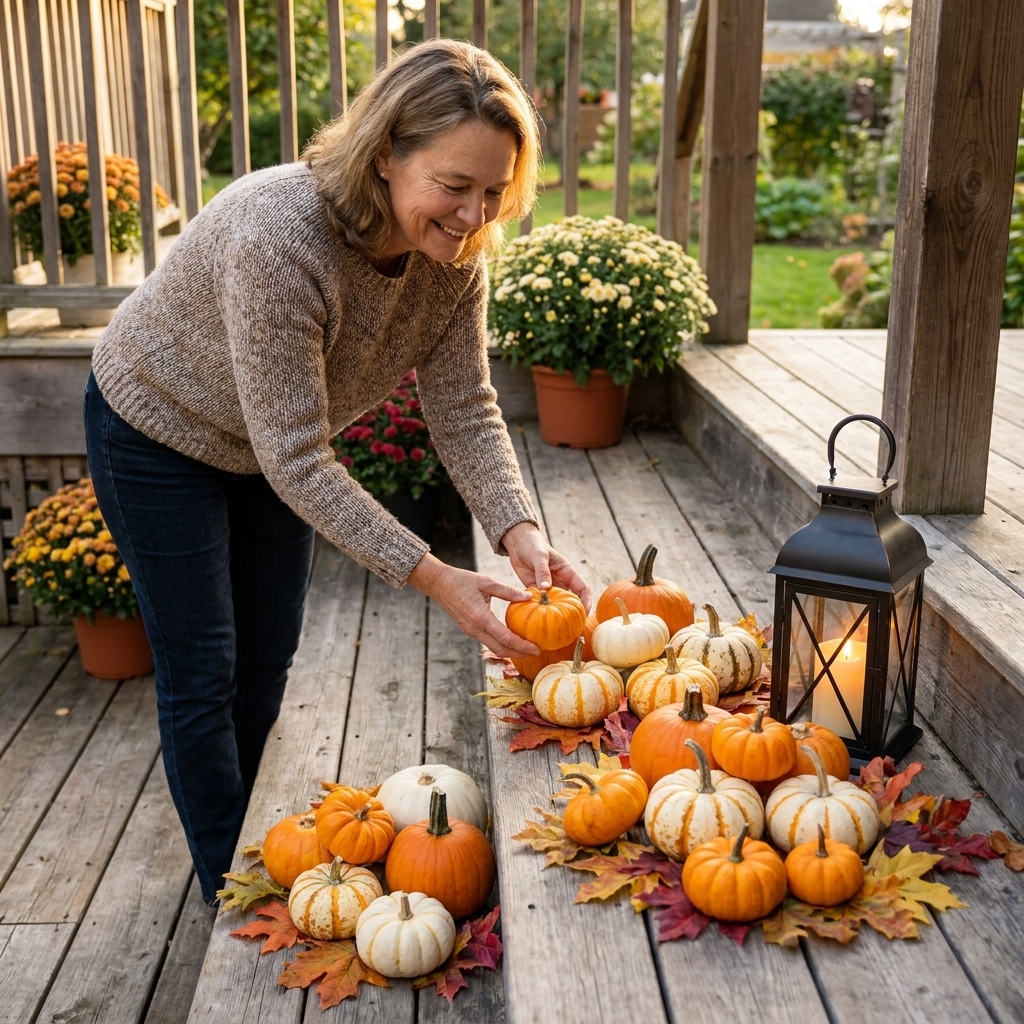 A set of three pumpkin clusters on porch steps with mixed sizes and colors, including orange and white pumpkins, arranged with fall leaves and a lantern
