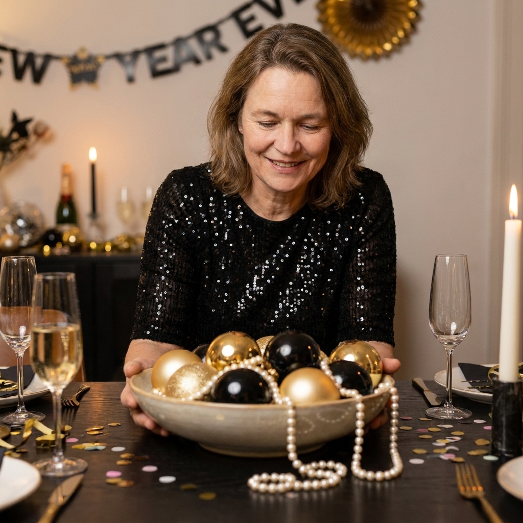 A shallow bowl filled with gold and black ornaments and pearl bead garland on a New Year’s Eve table