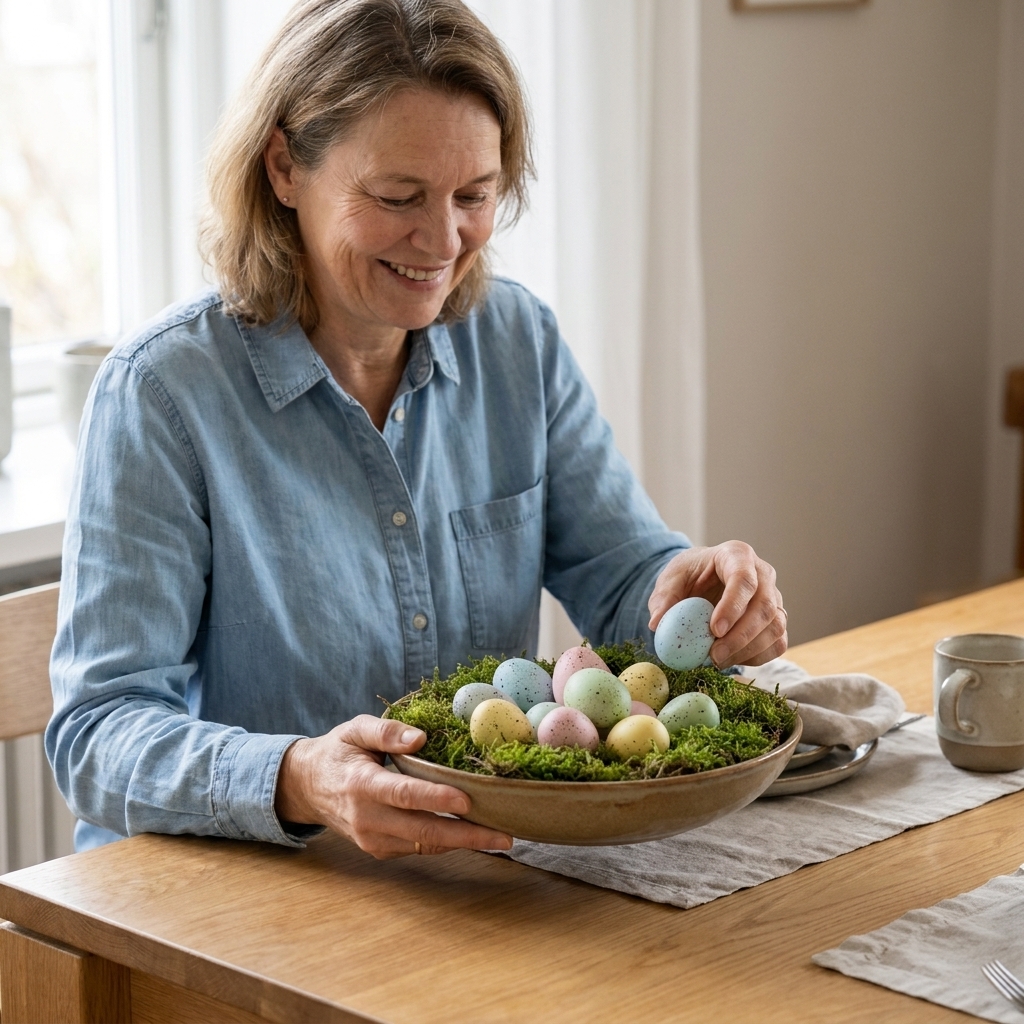 A shallow ceramic bowl filled with moss and speckled pastel eggs arranged as an Easter centerpiece on a dining table