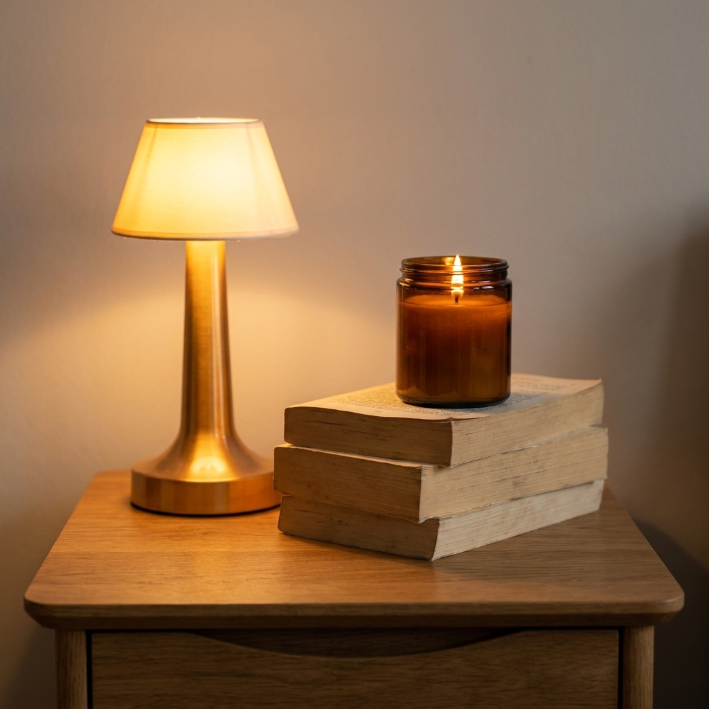 A side table styled with a warm-glowing table lamp, a small stack of books, and a candle in an amber glass jar