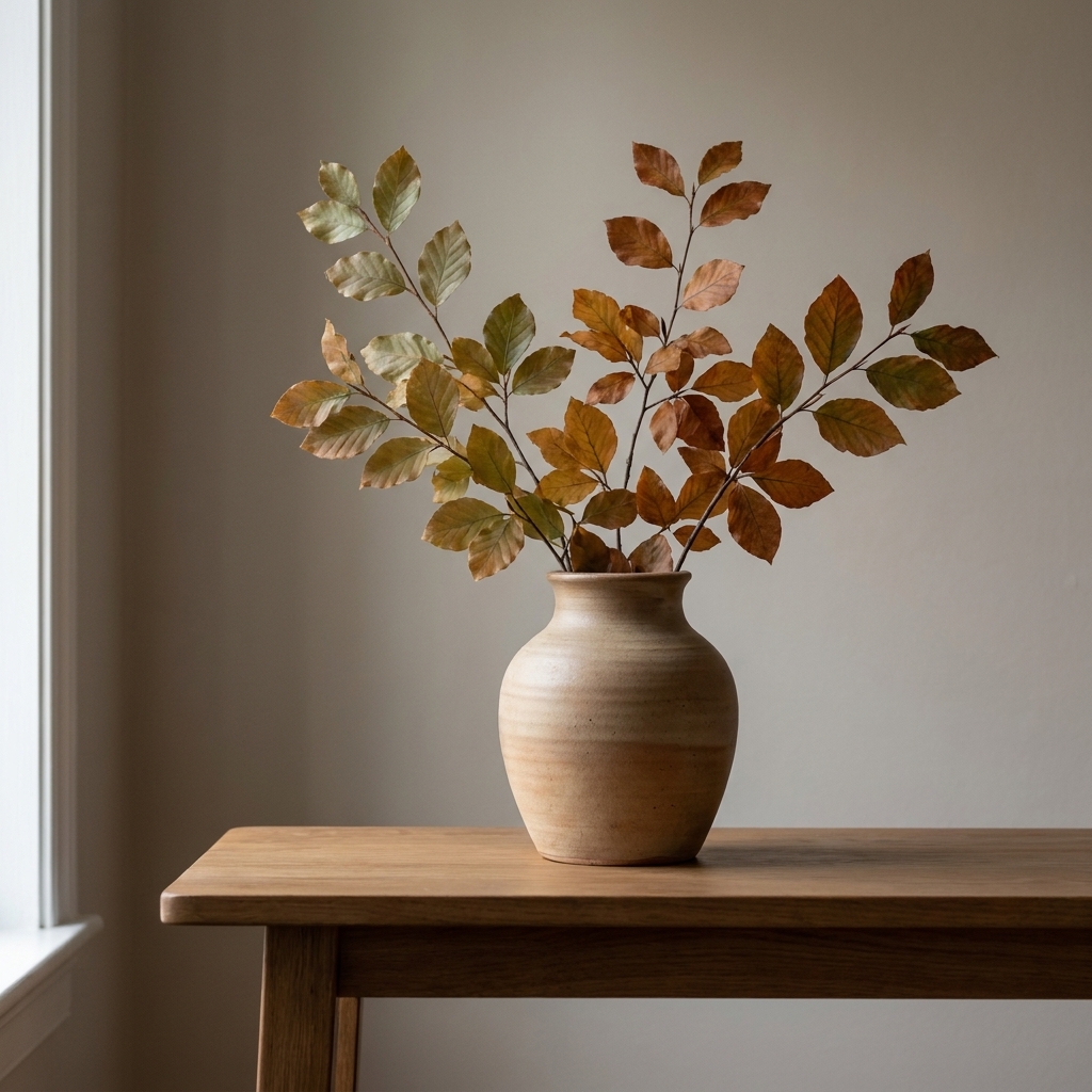 A simple ceramic vase on a console table holding fall branches with muted green and amber leaves in soft indoor light
