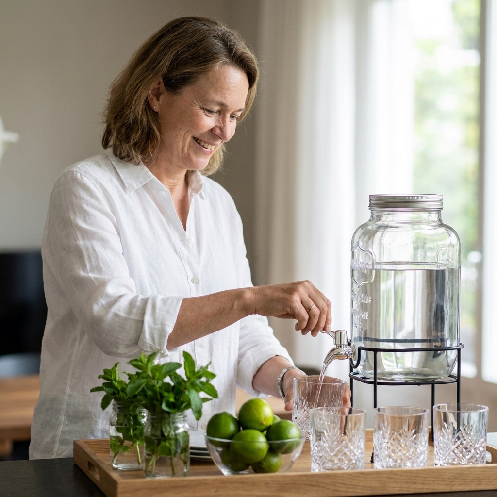 A simple home bar setup with a glass dispenser, fresh mint in small jars, a bowl of limes, and elegant glassware arranged on a tray