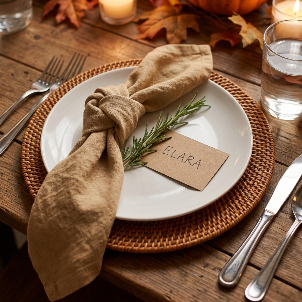 A single Thanksgiving place setting with a white plate, warm-toned charger, knotted linen napkin, rosemary sprig, and simple name card on a wooden table