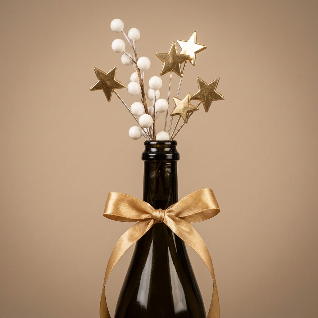 A single champagne bottle used as a vase with gold ribbon tied at the neck and metallic star picks arranged with white faux stems