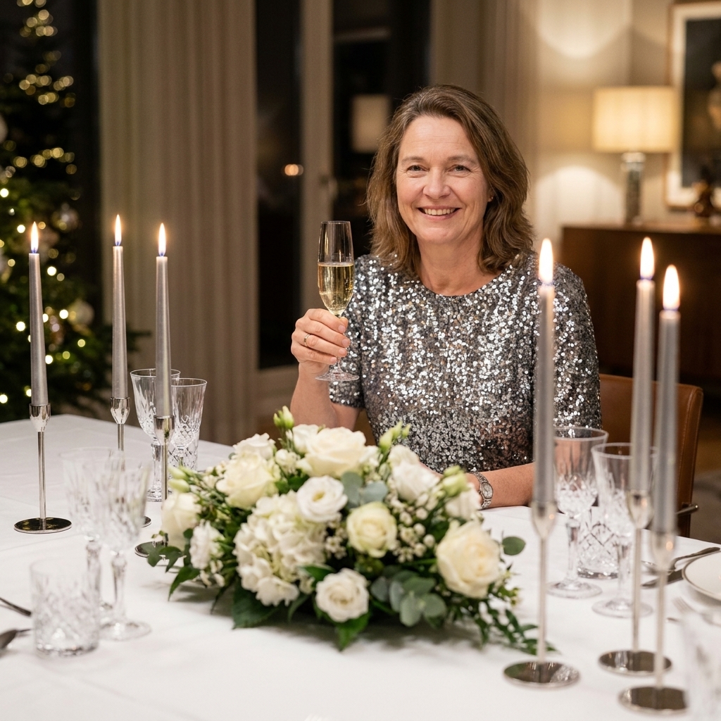A sleek New Year’s Eve dining table with a white tablecloth, silver taper candles in simple holders, clear glassware, and a low white floral centerpiece