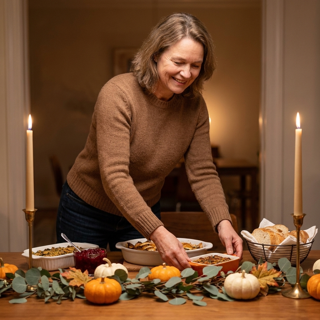 A small Thanksgiving buffet station with a slim greenery garland, mini pumpkins, and two tall taper candles placed at the ends for a warm autumn glow