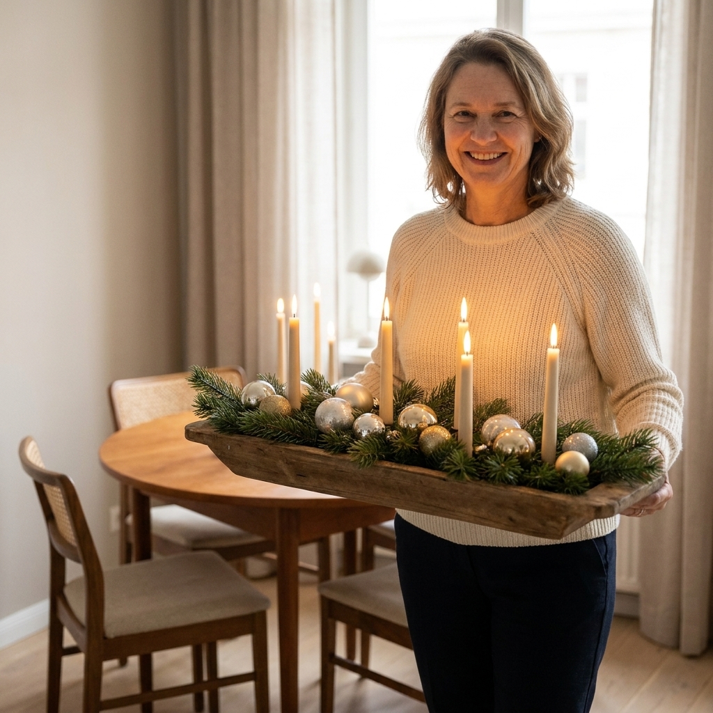 A small dining table with a long tray centerpiece featuring greenery, ornaments, and battery taper candles designed to be easily moved
