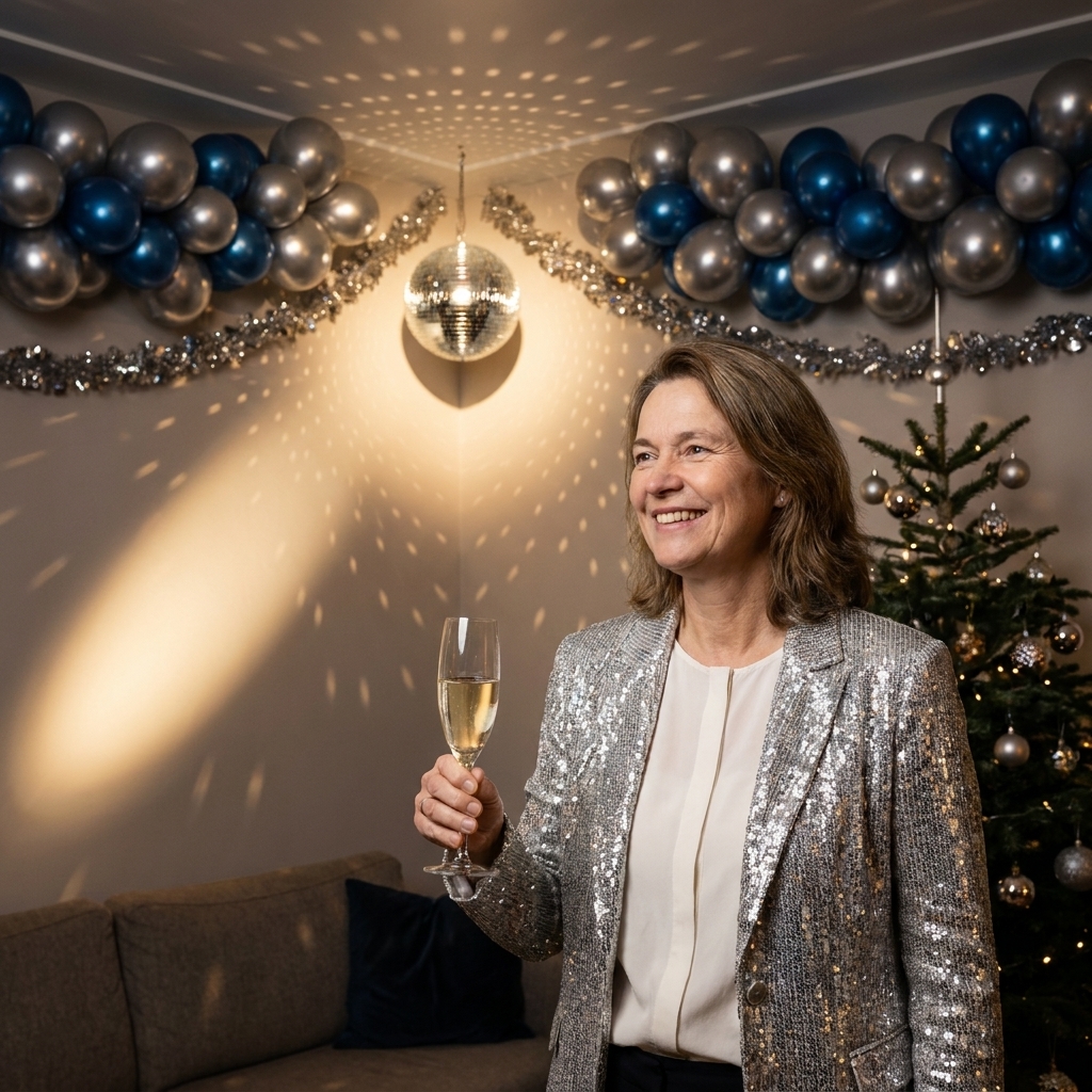 A small disco ball hanging in a living room corner with a spotlight aimed at it, casting soft reflective dots across the wall and ceiling