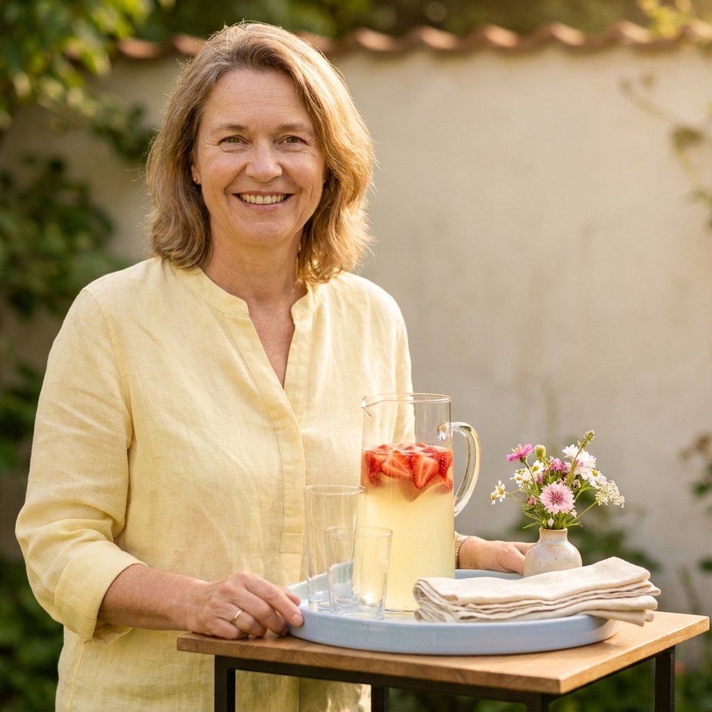 A small drink station with a pastel tray holding glasses, a pitcher of lemonade with strawberries, folded napkins, and a tiny vase of flowers