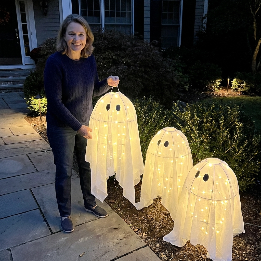 A small group of three glowing tomato cage ghosts arranged along a front walkway at night with subtle lighting on nearby shrubs