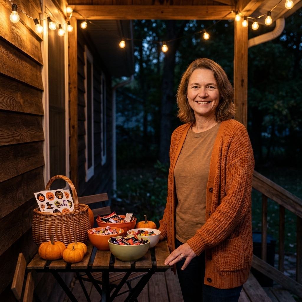 A small outdoor table on a porch set up like a Halloween treat station with bowls of candy, a basket of stickers, and a few mini pumpkins under warm string lights