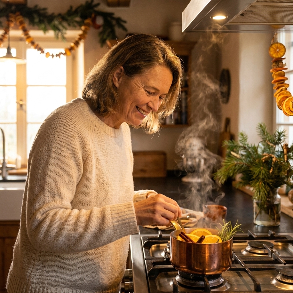 A small pot on a stovetop simmering with orange slices, cinnamon sticks, and rosemary, creating a cozy holiday atmosphere