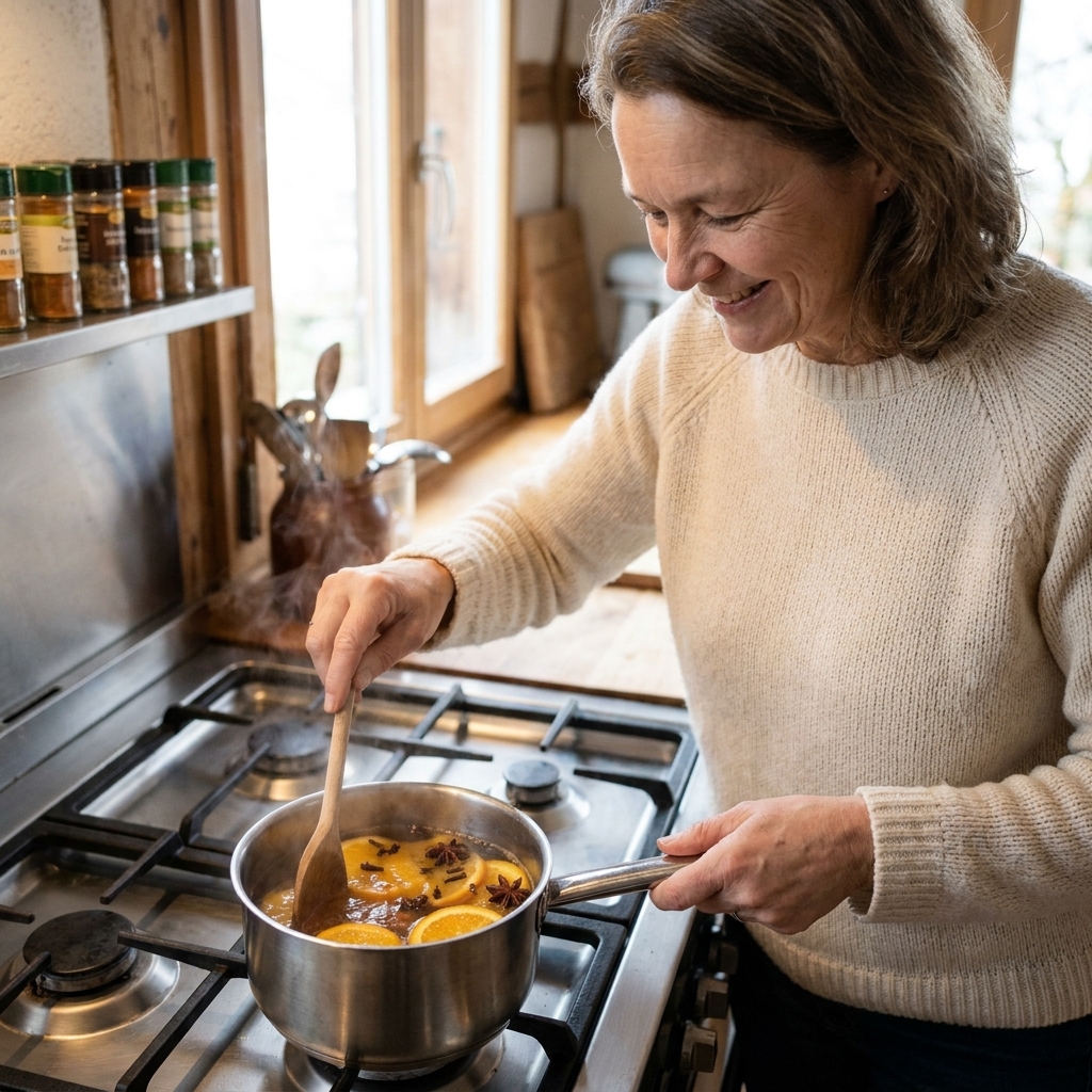 A small pot simmering on a stovetop with orange slices, cloves, and star anise visible in gently steaming water