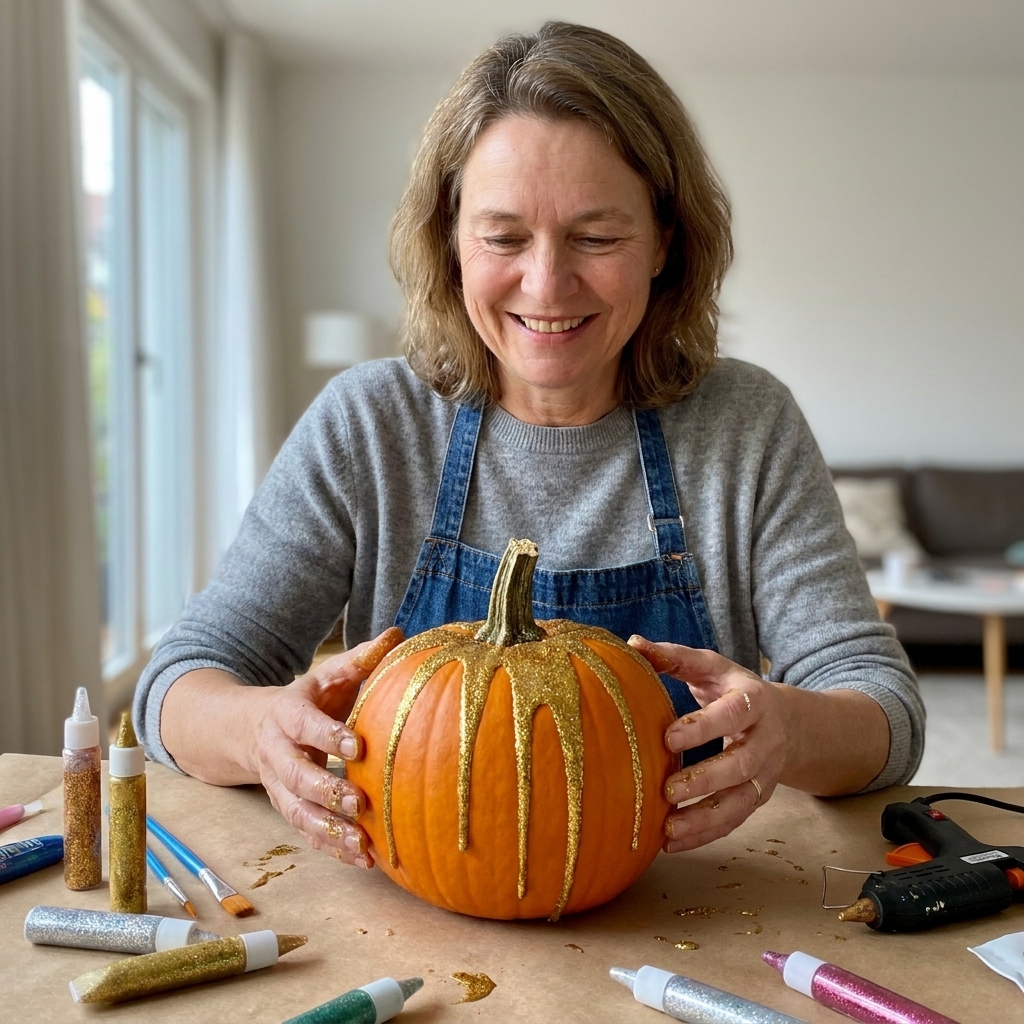 A small pumpkin with gold glitter drips cascading from the stem area, sitting on a protected craft surface