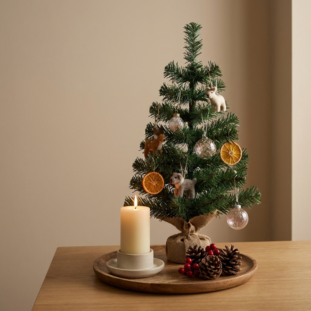 A small tabletop Christmas tree styled on a round tray with a candle and a few ornaments, creating a compact holiday vignette