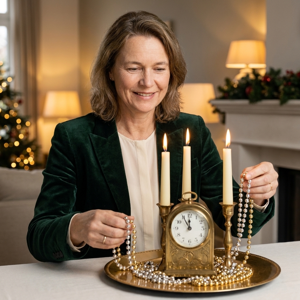 A small vintage-style clock set near midnight on a gold charger with two candles and metallic bead garland arranged around it