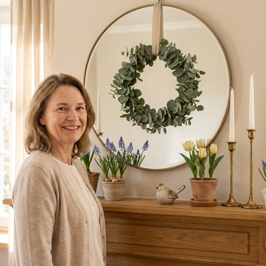 A spring mantel with a round mirror, a simple green wreath hanging on it, and two tall candlesticks anchoring each side