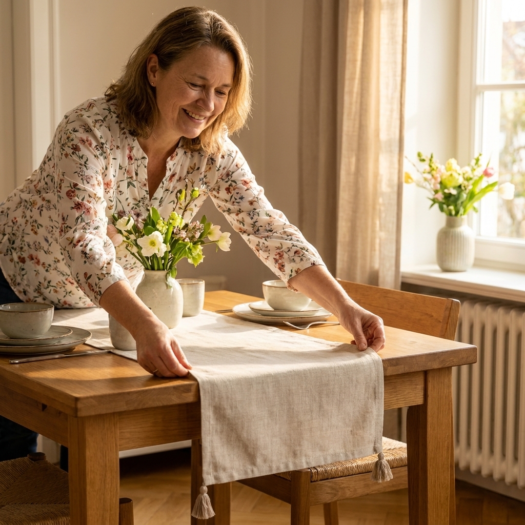 A spring table runner with small neutral tassels at the corners resting on a dining table
