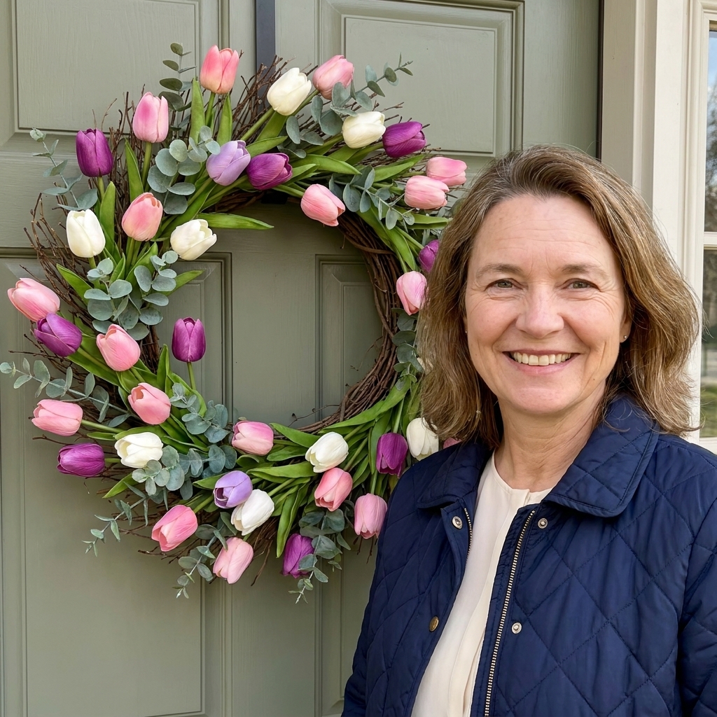 A spring wreath made with realistic faux tulips and eucalyptus on a grapevine base hanging on a front door