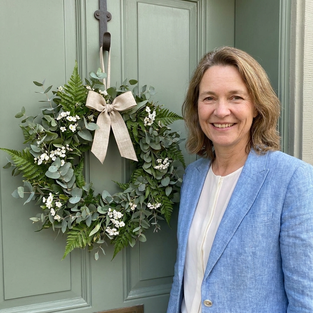 A spring wreath with soft greenery and a natural linen bow hanging from a hook on a painted front door