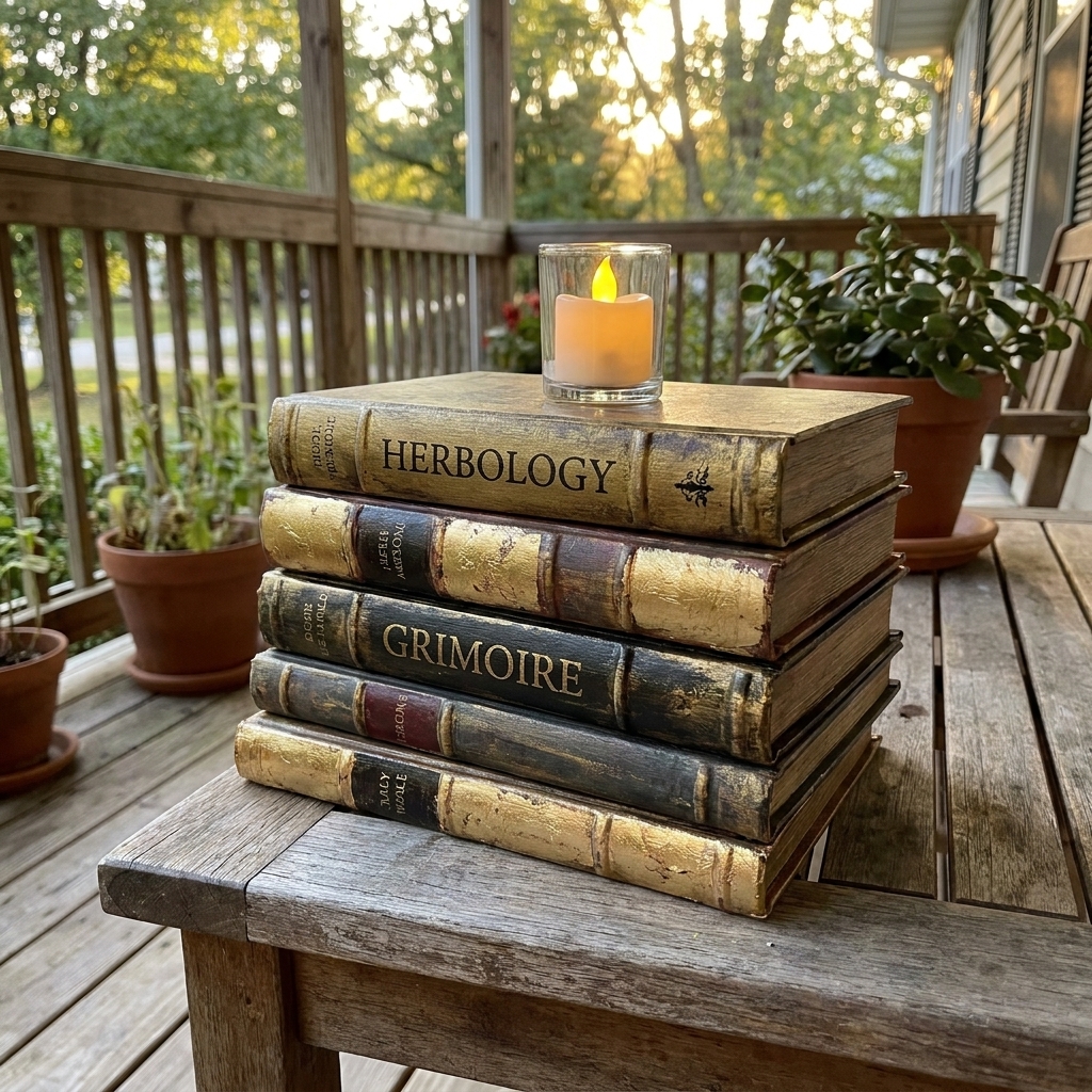A stack of painted vintage hardcover books styled like spellbooks on a porch table with a small flameless candle on top