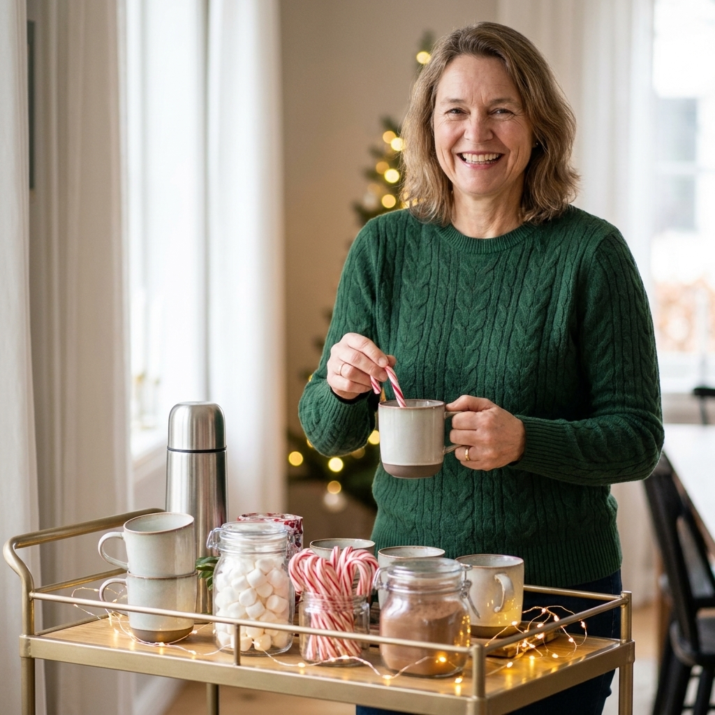 A styled bar cart set up as a holiday hot cocoa station with mugs, jars of marshmallows, candy canes, and warm string lights