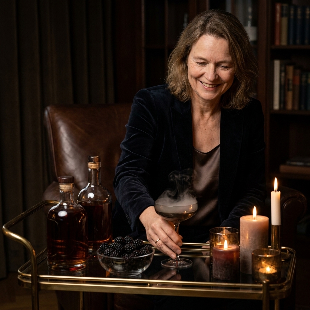 A styled bar cart with smoky glass coupes, dark liquor bottles, blackberries, and candlelight in a dim room