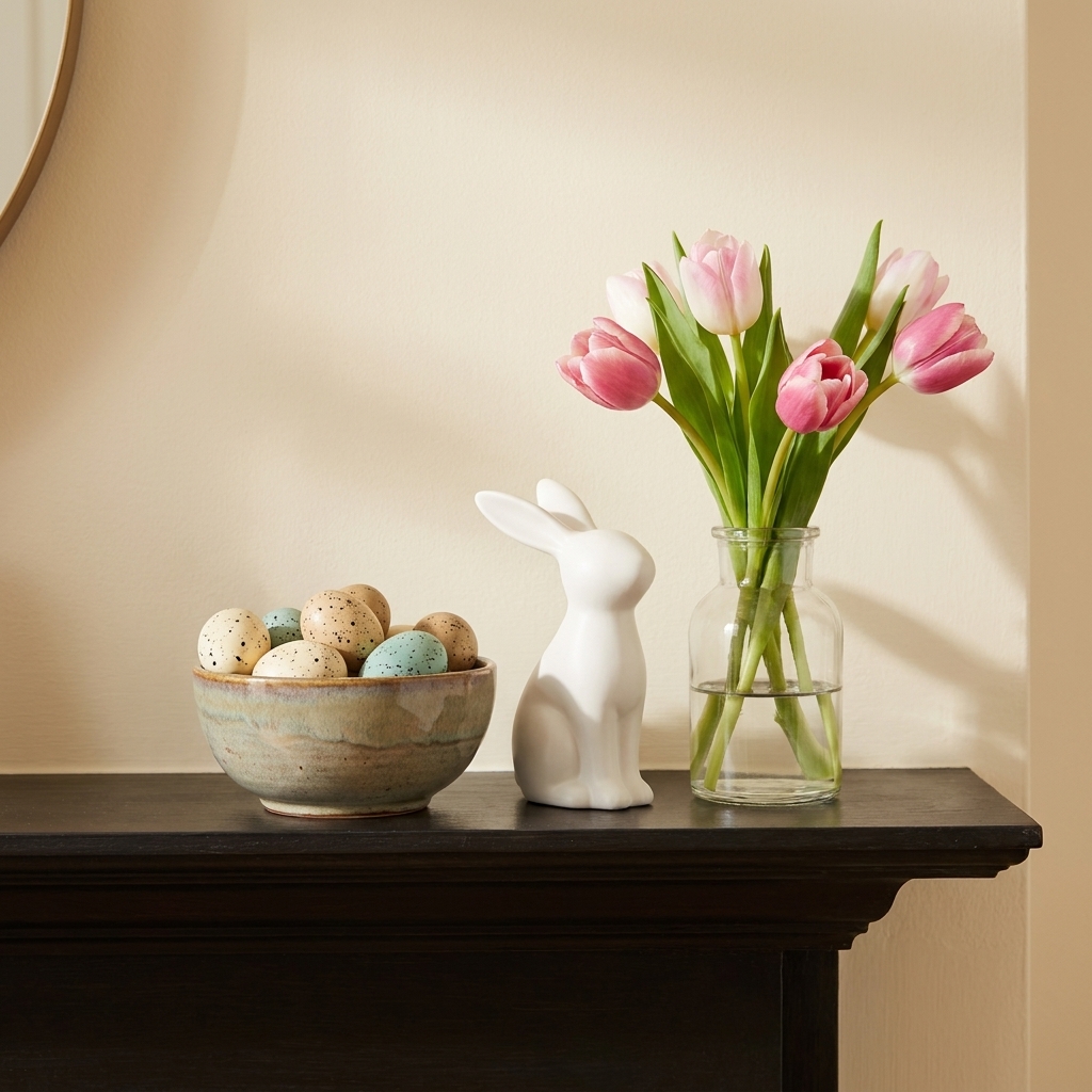 A styled mantel vignette with a small ceramic bowl filled with speckled faux eggs beside a white ceramic bunny and a bud vase of tulips