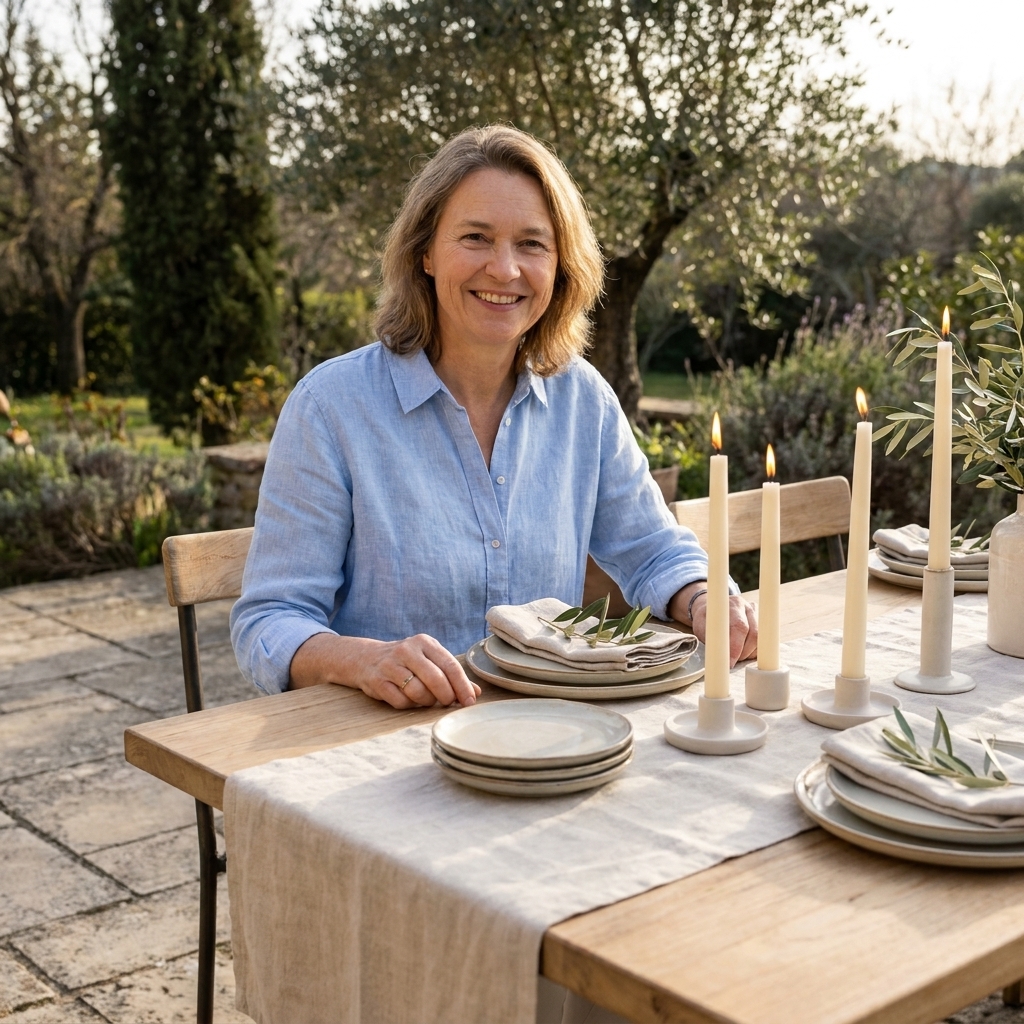 A styled summer tablescape outdoors with a neutral linen runner, stacked plates, folded linen napkins, and taper candles in simple holders