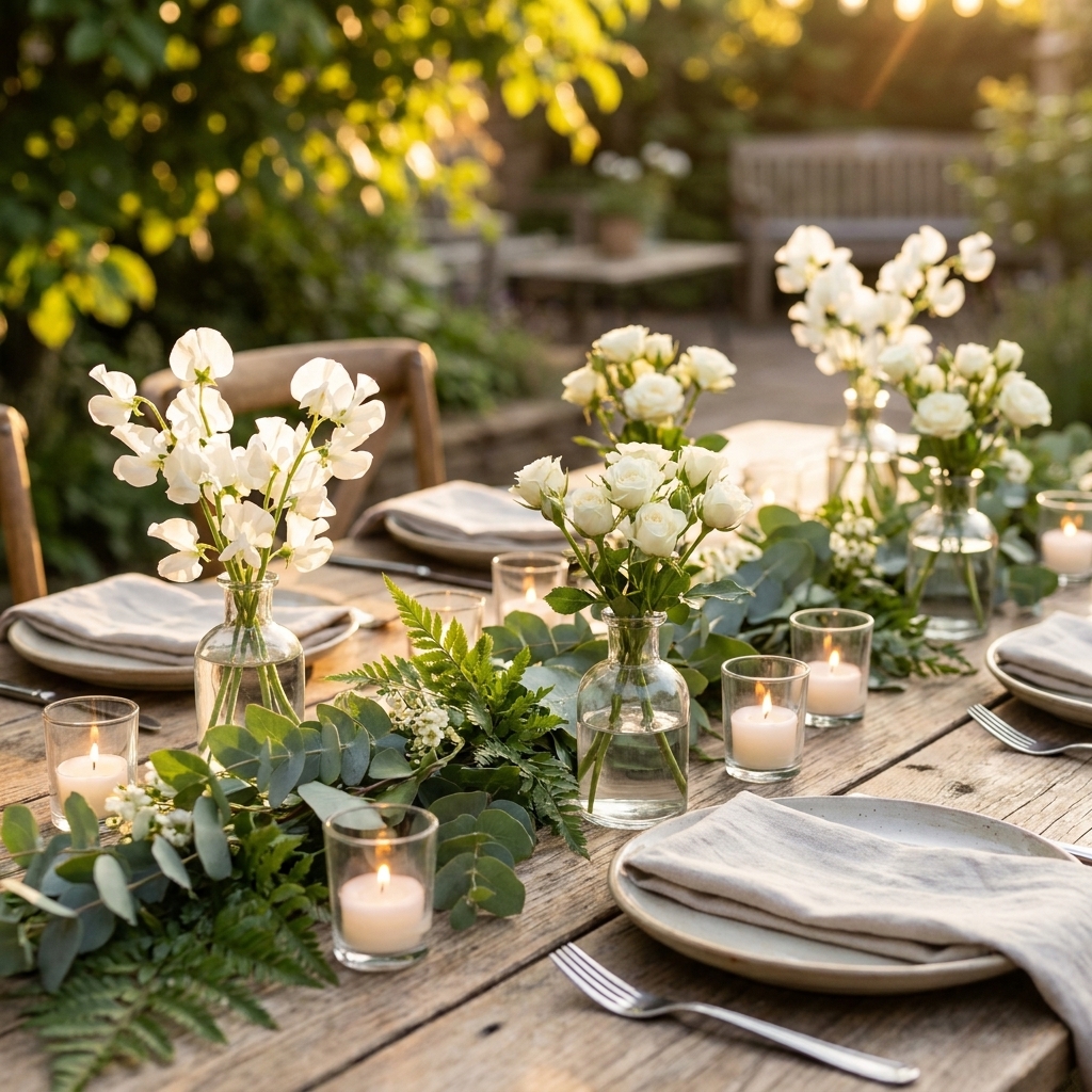 A summer outdoor dinner table centerpiece with low greenery garlands, small white flowers in bud vases, and glass votive candles