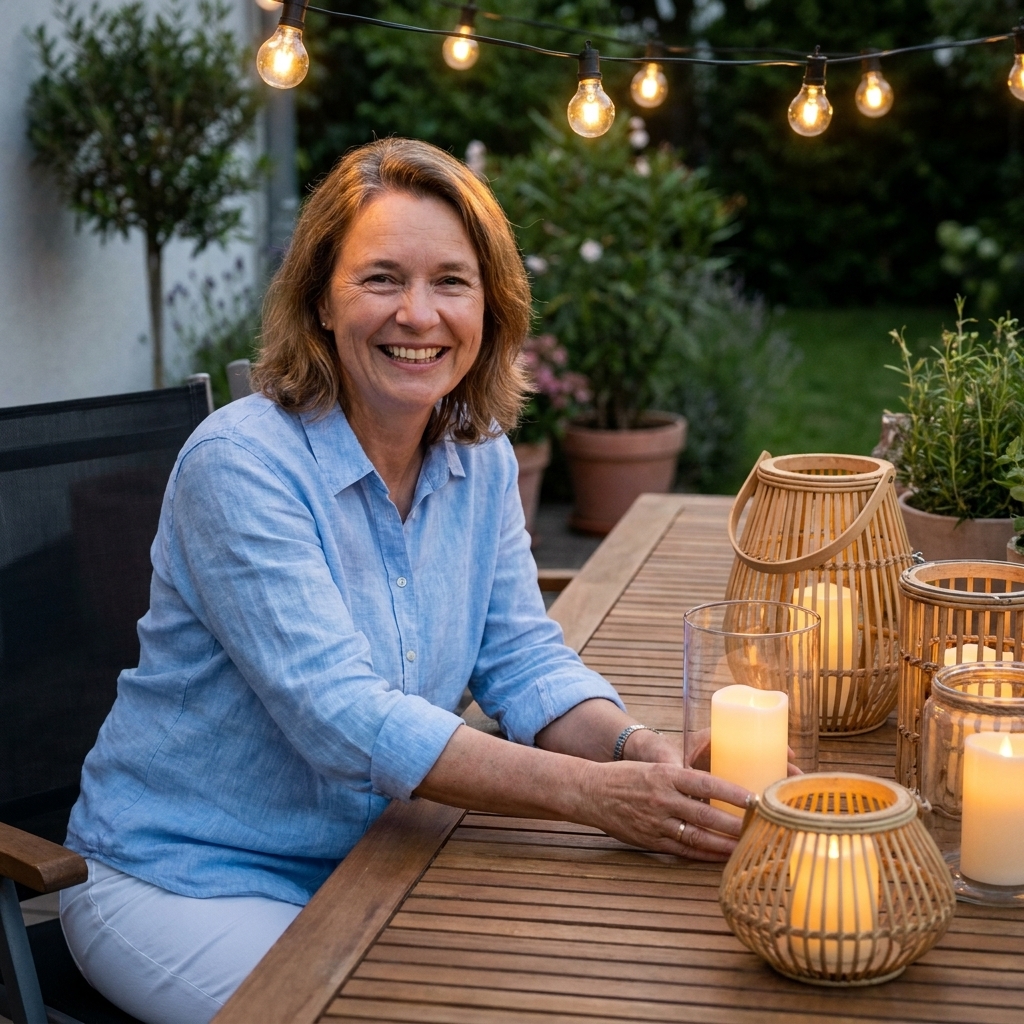 A summer patio dining table styled with woven lanterns and glass lanterns holding flameless candles, with bistro lights glowing overhead