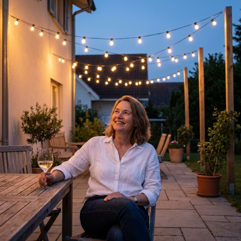 A summer patio with string lights installed in a neat zigzag canopy pattern between a house and tall wooden posts, glowing after sunset
