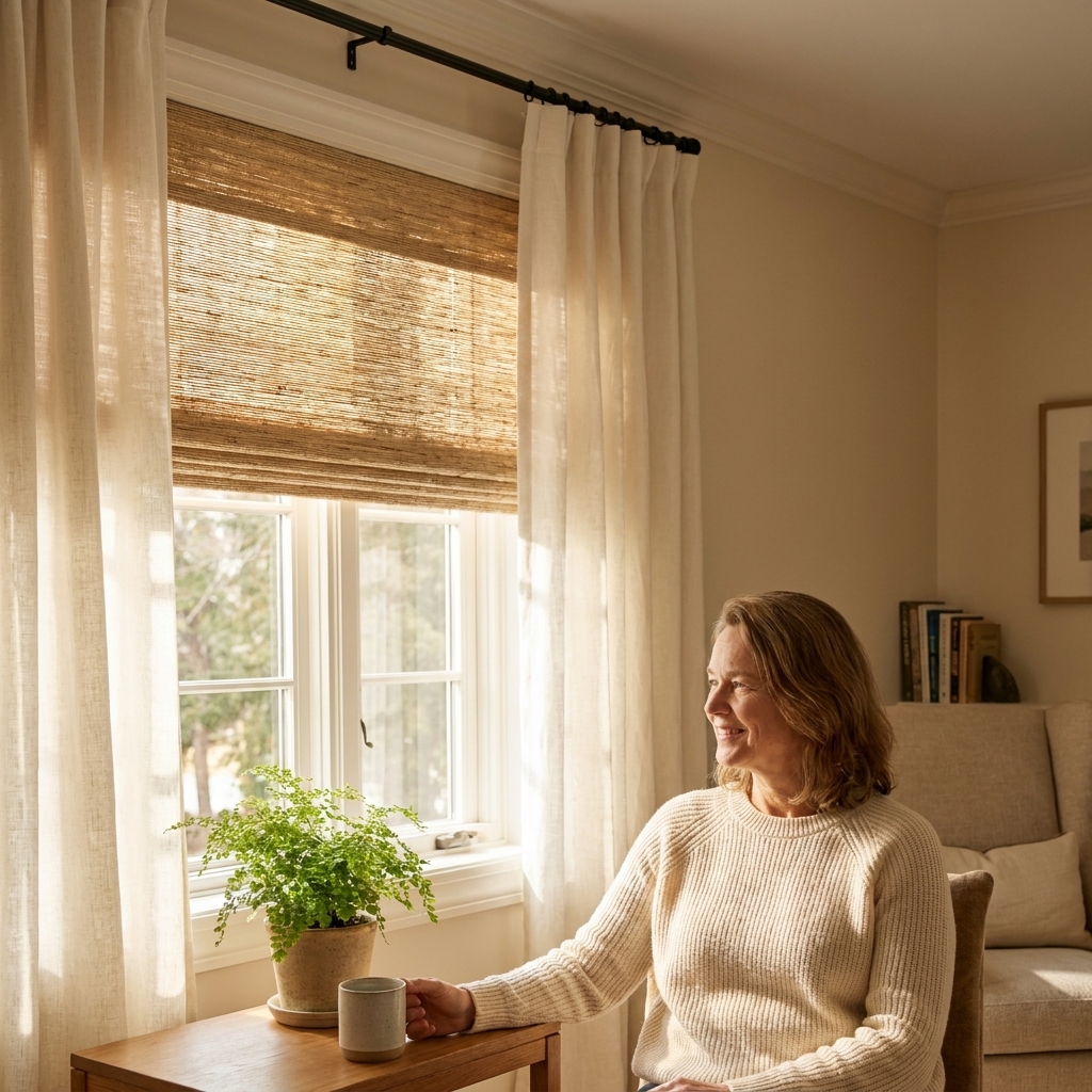 A sunlit living room corner with off-white linen curtains, a woven roman shade, and a simple black curtain rod