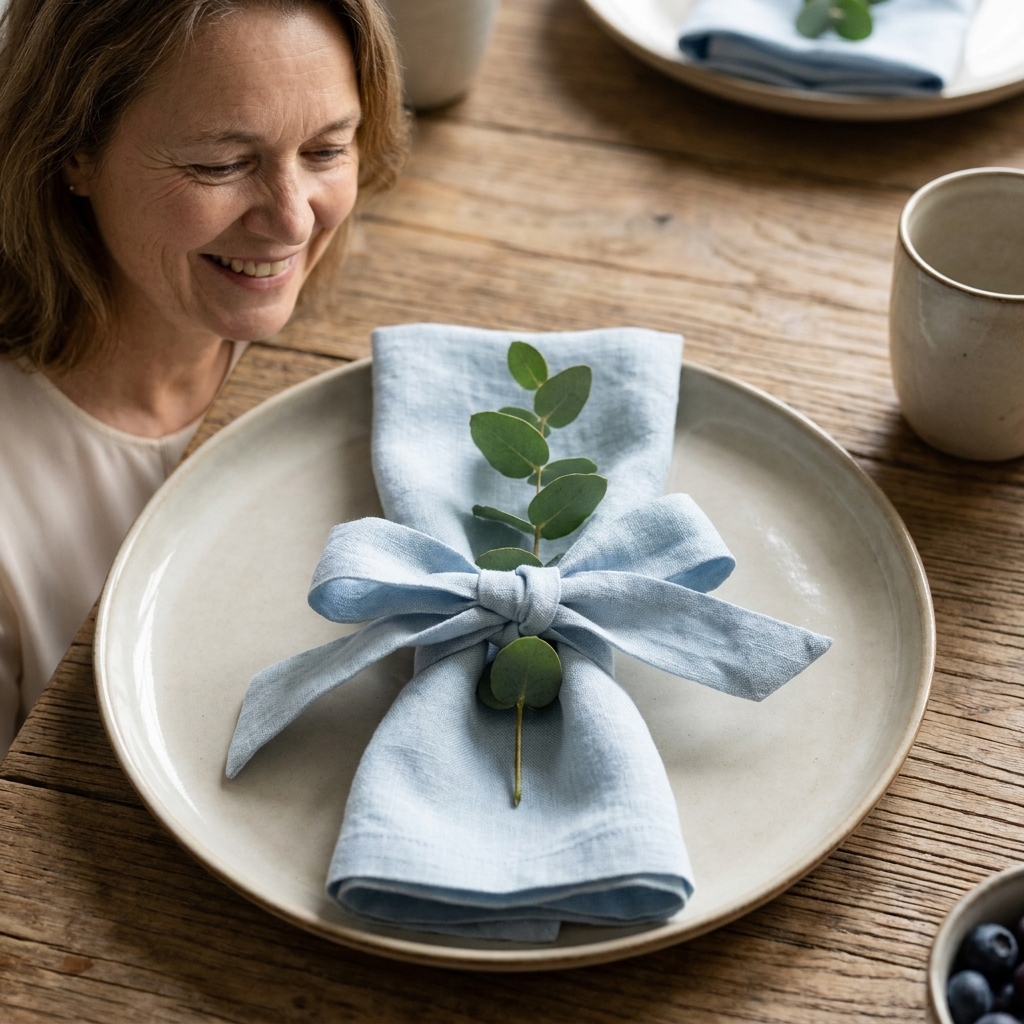A table setting with a pastel linen napkin tied in a bow on a simple ceramic plate, with a small sprig of greenery tucked under the ribbon