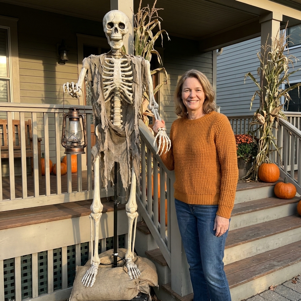 A tall animated Halloween prop secured near a porch railing with weights at the base, positioned away from the main walkway so trick-or-treaters can pass safely