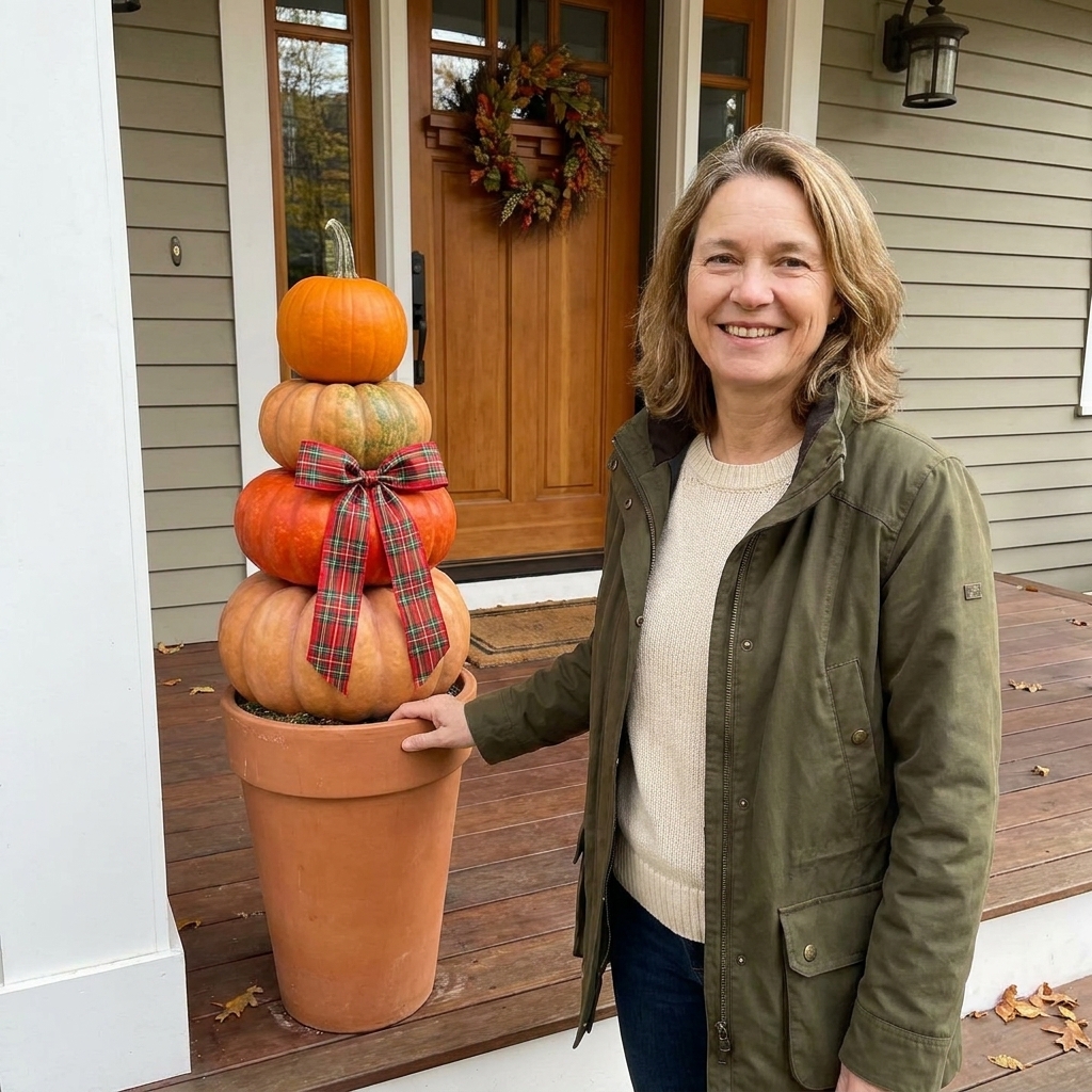 A tall planter on a front porch holding a stacked pumpkin topiary tied with a plaid ribbon near the front door
