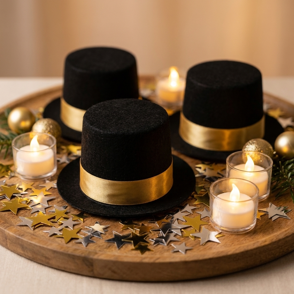 A tray centerpiece with several small black top hats decorated with gold ribbon, surrounded by metallic confetti and small LED tea lights
