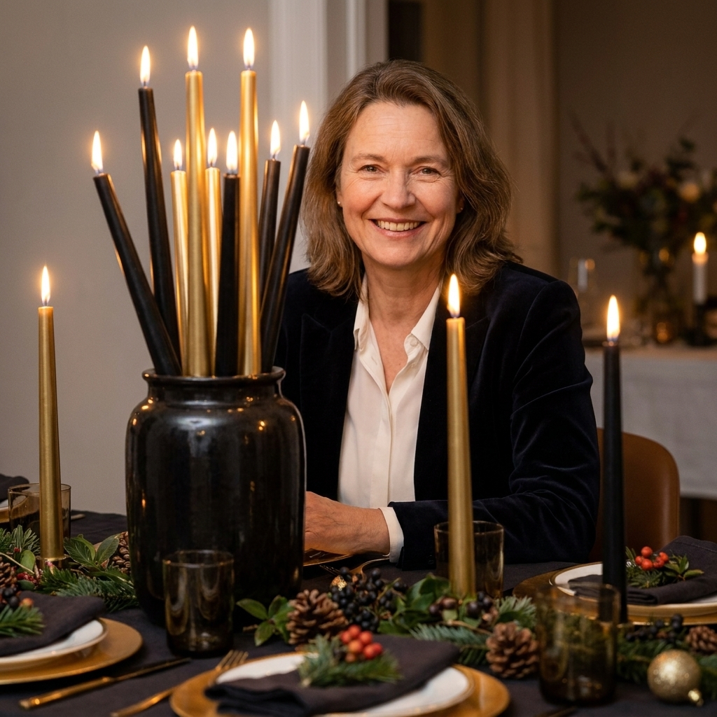 A vase holding a bouquet-like arrangement of black and gold taper candles at varying heights, styled on a festive dinner table