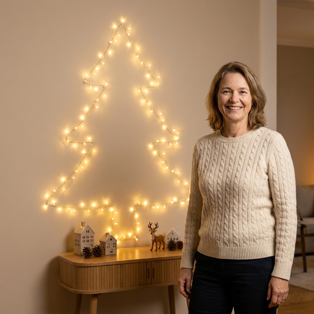 A wall-mounted Christmas tree shape made from warm white string lights on a light-colored wall above a small console table