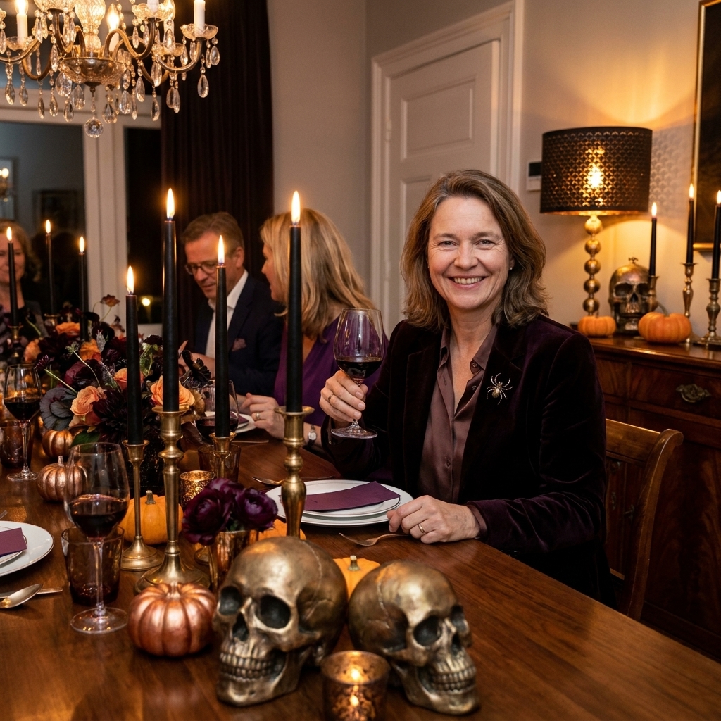 A warmly lit dining room with a softly glowing chandelier, candles on the table, and a sideboard lamp creating a moody Halloween ambiance