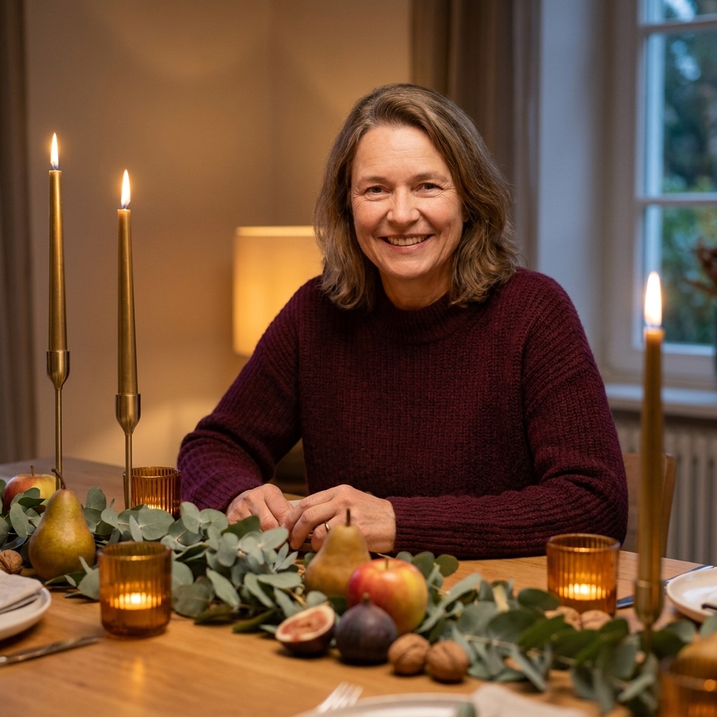 A warmly lit fall dinner table with brass taper candle holders and small amber votives glowing between greenery and seasonal fruit