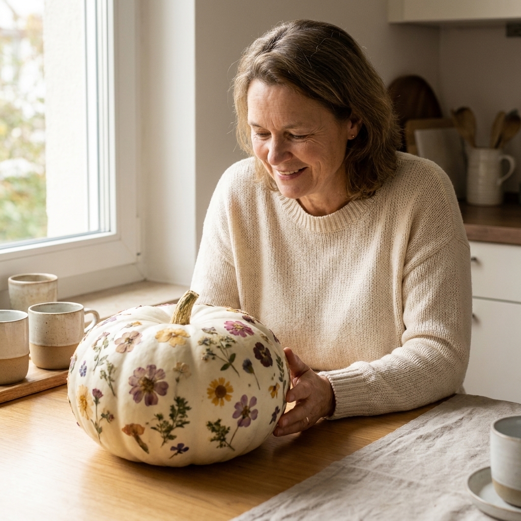A white pumpkin decorated with pressed flowers and greenery sitting on a bright kitchen table in soft natural light