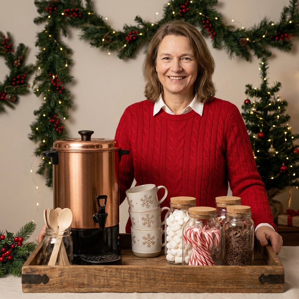 A winter beverage station arranged in order with stacked mugs, a hot chocolate dispenser, spoons, and toppings in glass jars on a wooden tray