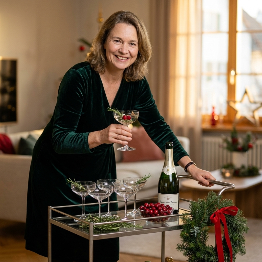 A winter themed bar cart with coupe glasses, a bottle of sparkling wine, rosemary sprigs, fresh cranberries, and a small wreath tied to the cart handle